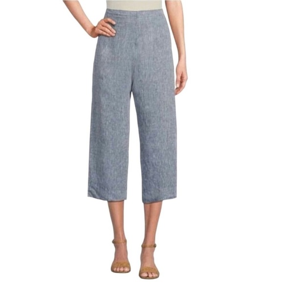 Bryn Walker Linen Straight Leg Pull On Comfort Wide Leg Cropped Pants Blue Sz M - Picture 2 of 9